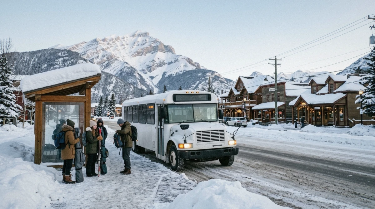 Bus at the Breckenridge transit centre in winter, the arrival point for shuttles and the Snowstang bus from Denver