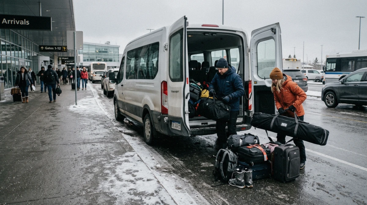Shuttle van loading ski bags at the Denver airport terminal curb before the drive to Breckenridge, Colorado