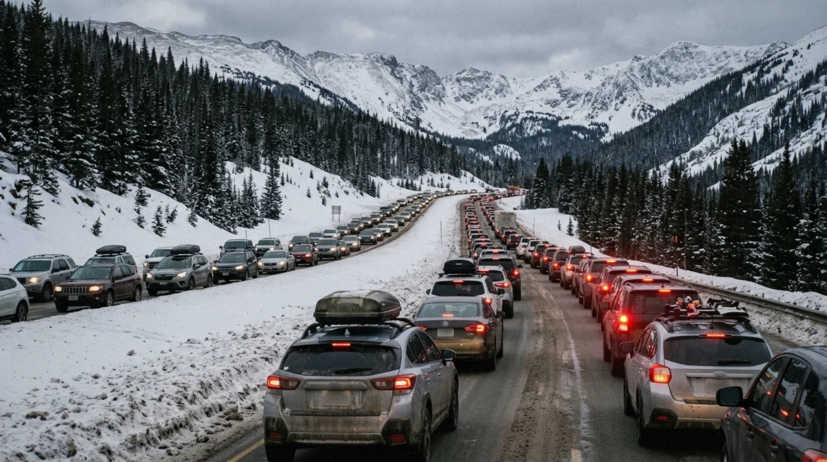 Slow ski traffic climbing I-70 toward the Continental Divide on the drive from Denver to Breckenridge, Colorado