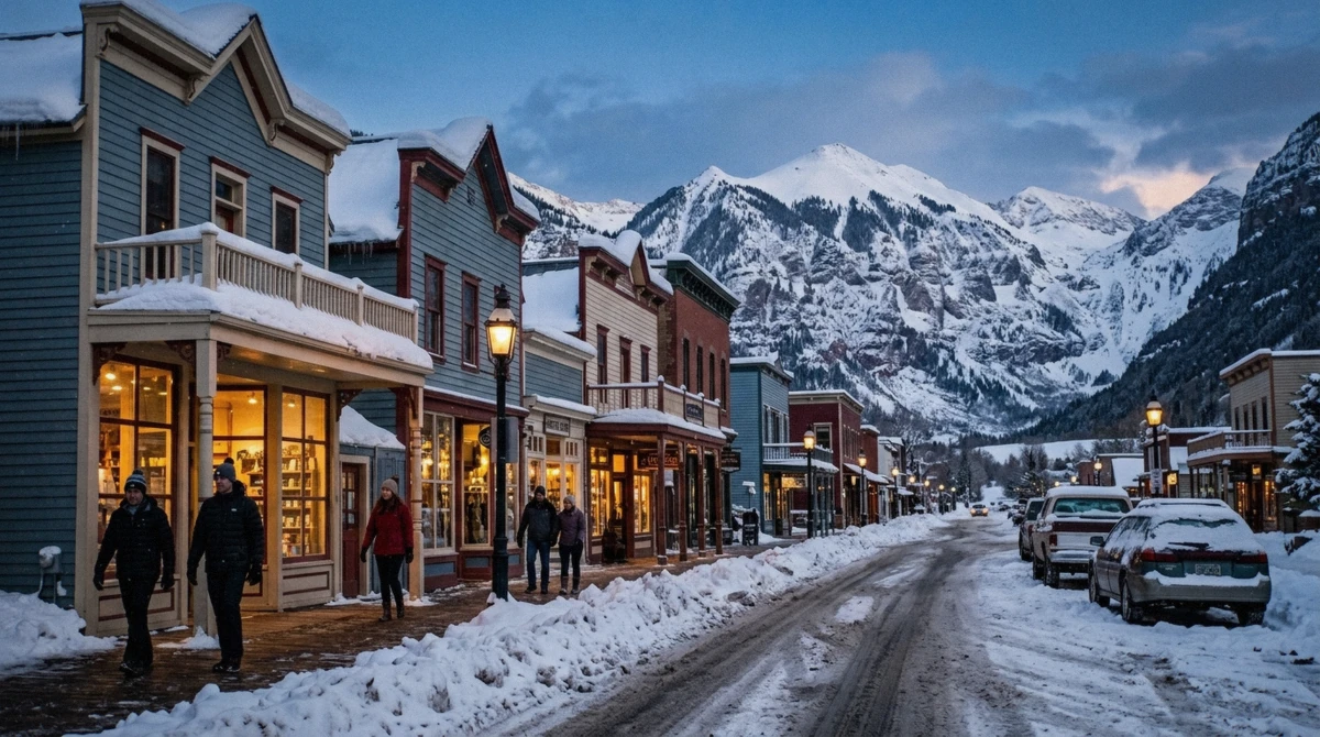 Snow-lined Main Street in Breckenridge, Colorado at dusk, the walkable centre for anyone deciding where to stay in Breckenridge
