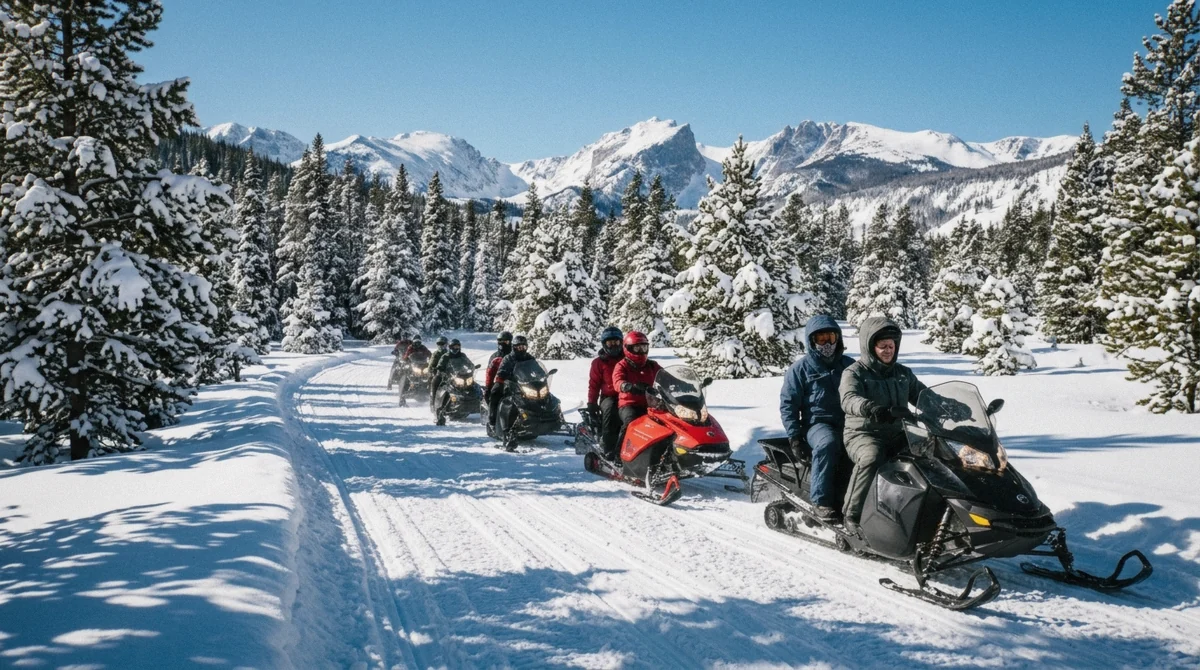 Snowmobiles on a groomed trail through snowy pines outside Breckenridge, Colorado
