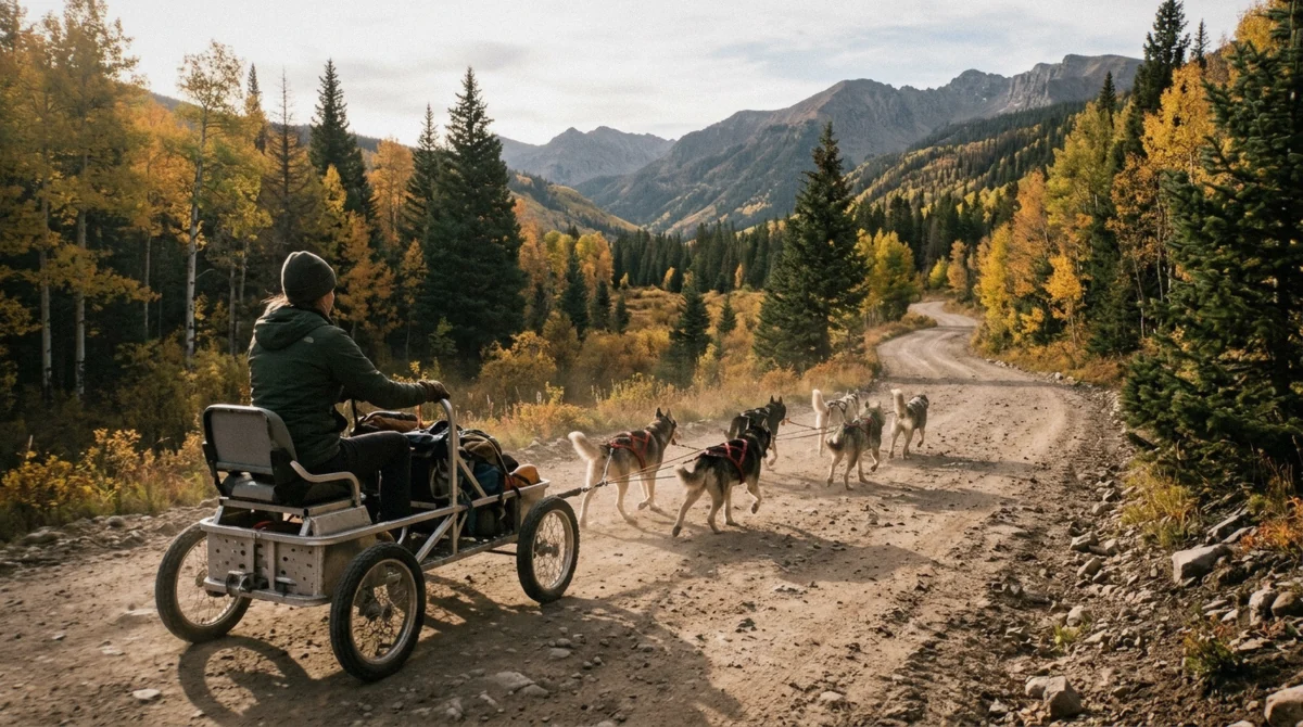 Husky team pulling a wheeled training cart on a dirt forest road, how dog sledding works in Breckenridge in summer
