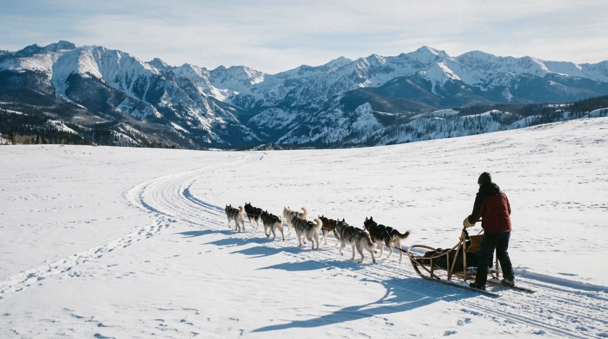 Husky team pulling a sled across a snowfield near Breckenridge, one of the things to do in Breckenridge in winter